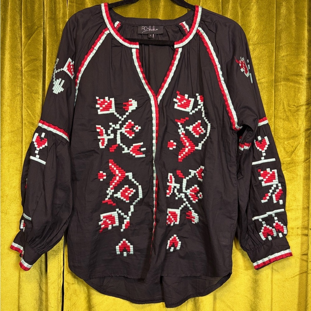 Anthropologie RD & Koko black embroidered floral blouse. Size Large. Retail $118